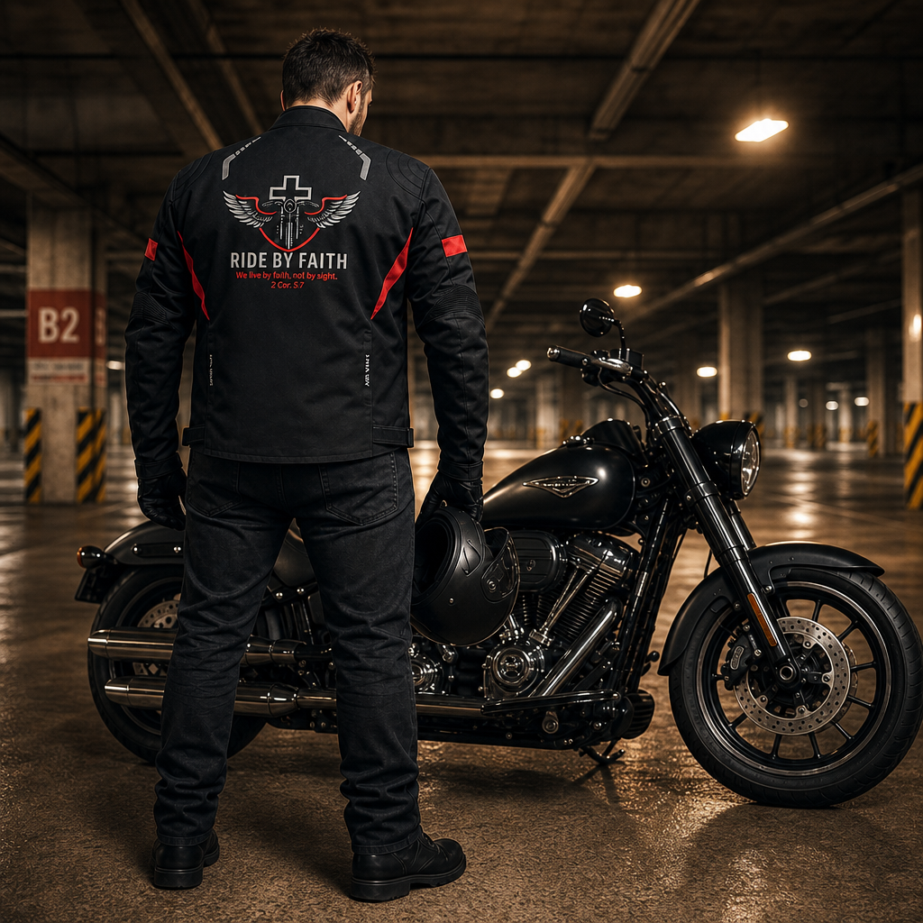 Rider from behind showing Ride By Faith jacket logo with cross and wings