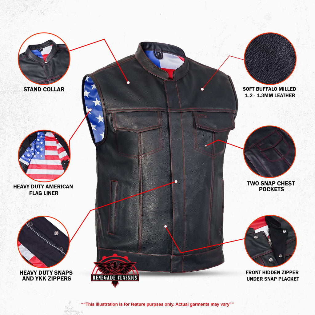 Premium Buffalo Leather Motorcycle Vest – Scoop Collar & Concealed Carry