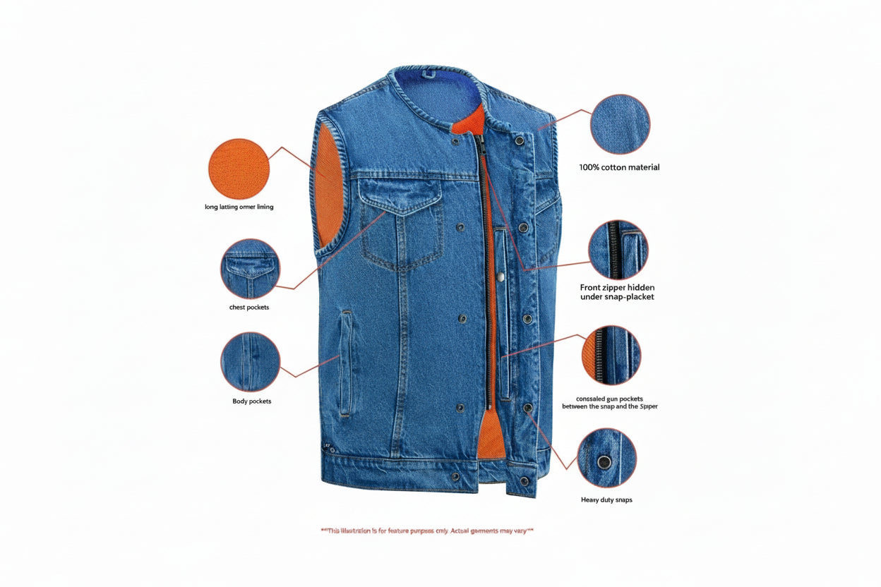 Blue Denim Motorcycle Vest – Concealed Carry & Single-Panel Back