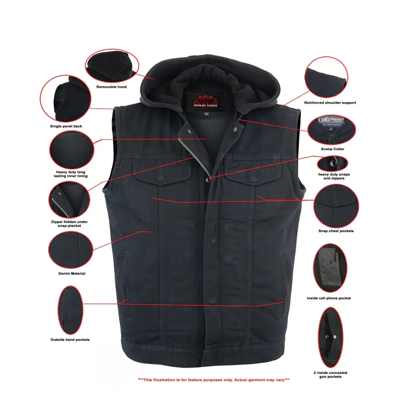 Men's Denim Motorcycle Vest – Removable Hood & Concealed Carry