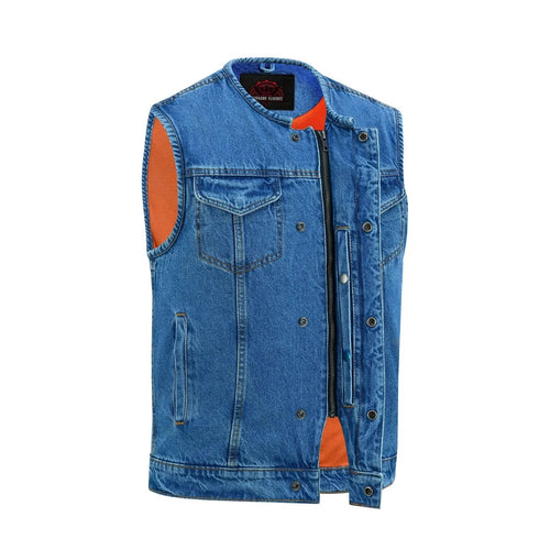 Blue Denim Motorcycle Vest – Concealed Carry & Single-Panel Back