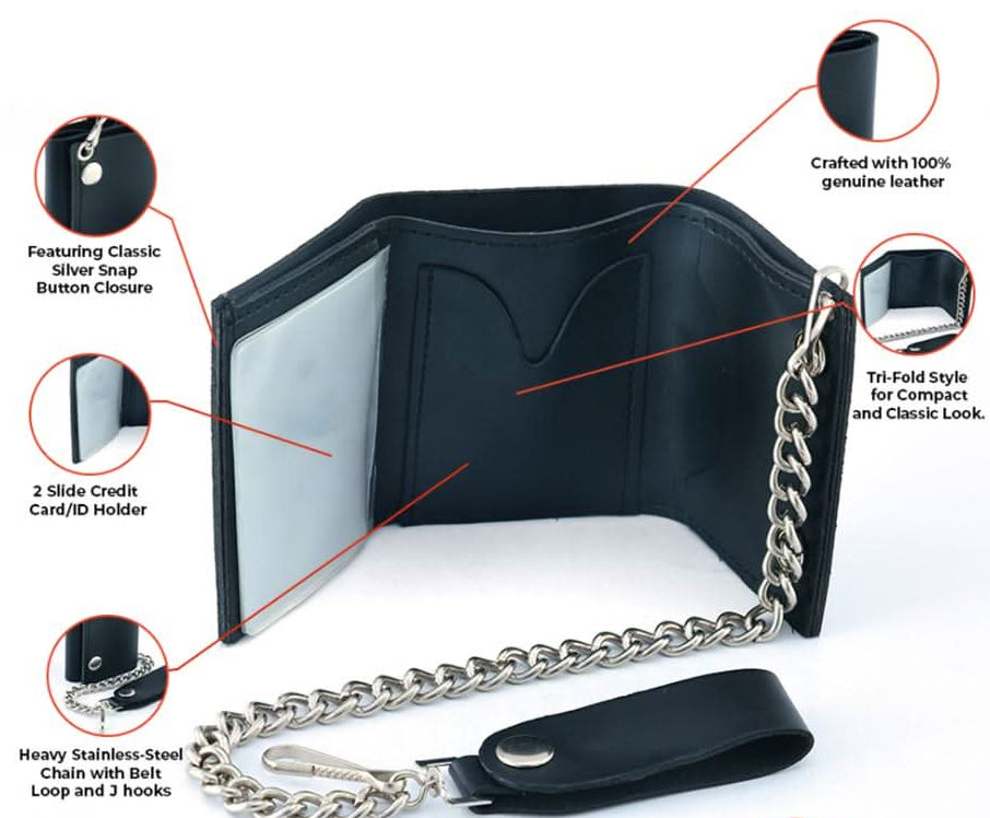 BWC235 Black Tri-Fold Genuine Leather Wallet with Chain