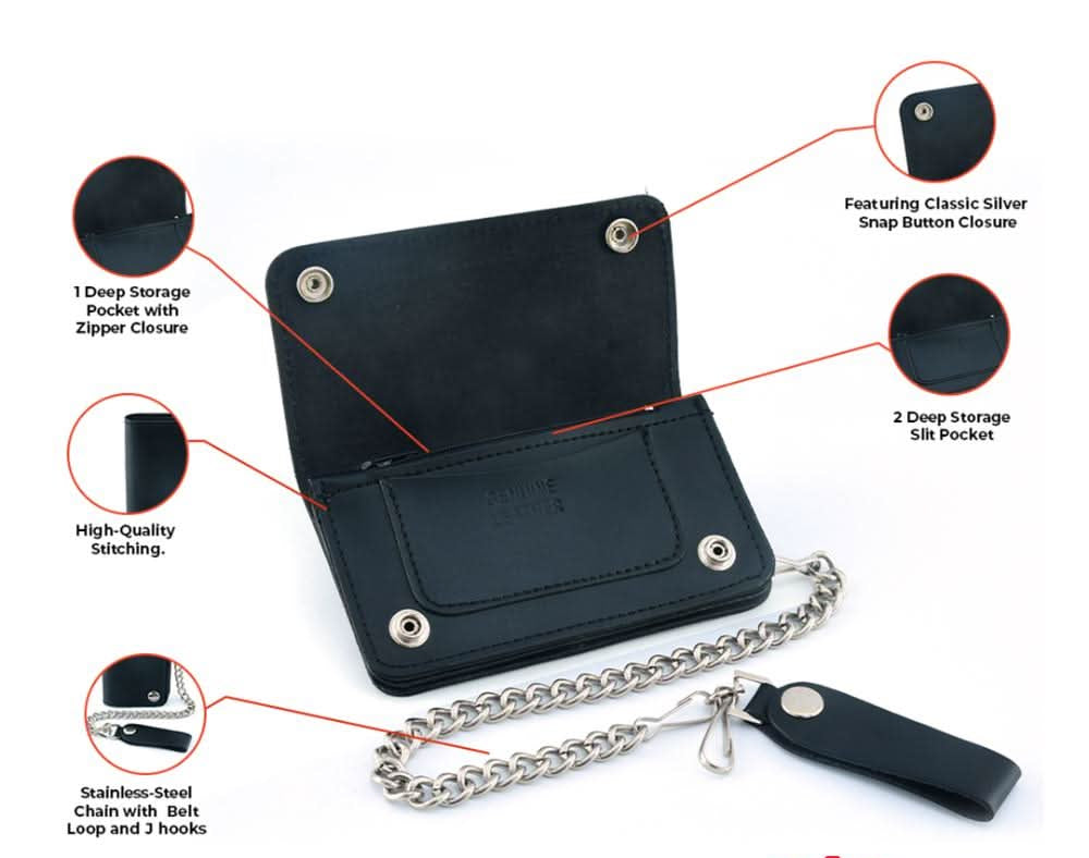BWC237 Black Leather Long Bi-Fold Biker Chain Wallet