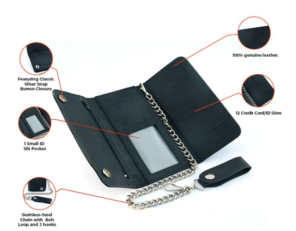 BWC238 Matte Black Biker Leather Wallet with Chain