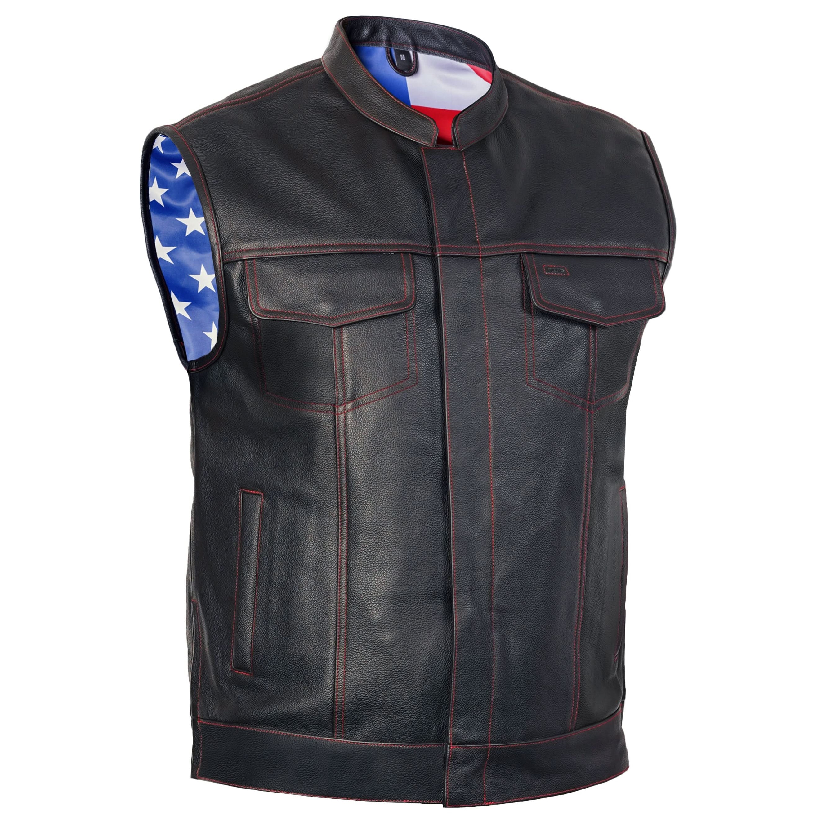Premium Buffalo Leather Motorcycle Vest – Scoop Collar & Concealed Carry