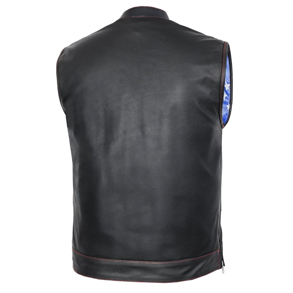 Premium Buffalo Leather Motorcycle Vest – Scoop Collar & Concealed Carry