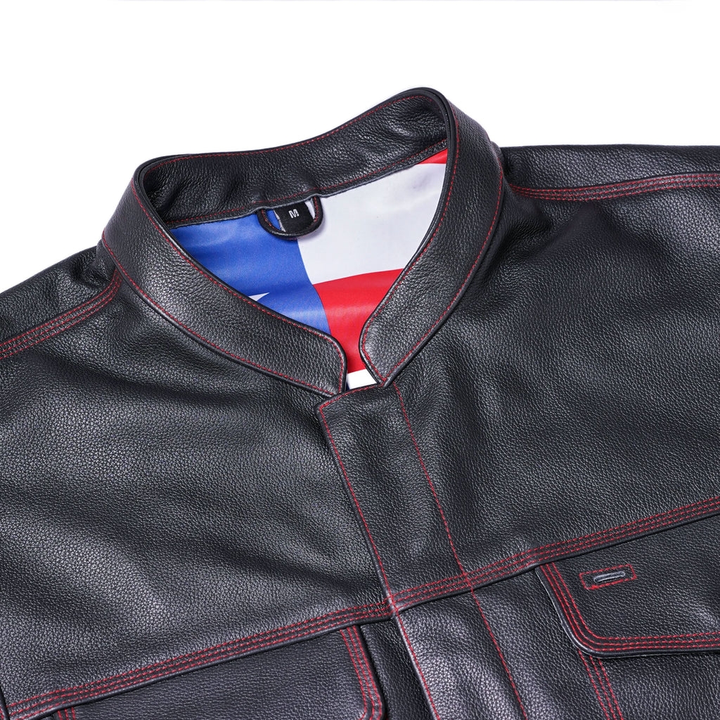 Premium Buffalo Leather Motorcycle Vest – Scoop Collar & Concealed Carry
