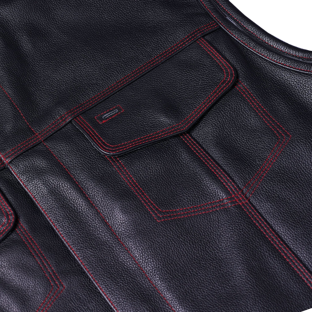 Premium Buffalo Leather Motorcycle Vest – Scoop Collar & Concealed Carry