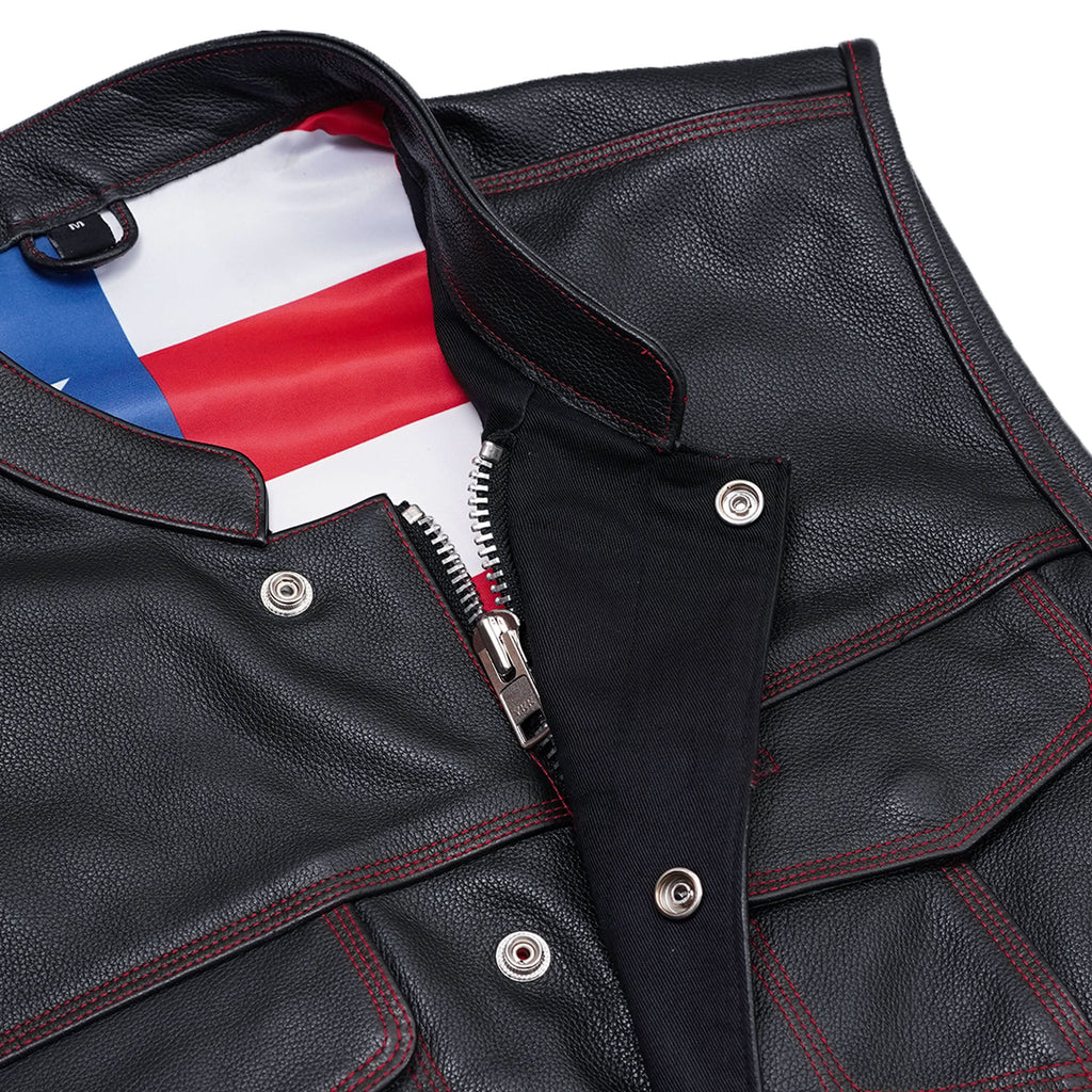 Premium Buffalo Leather Motorcycle Vest – Scoop Collar & Concealed Carry