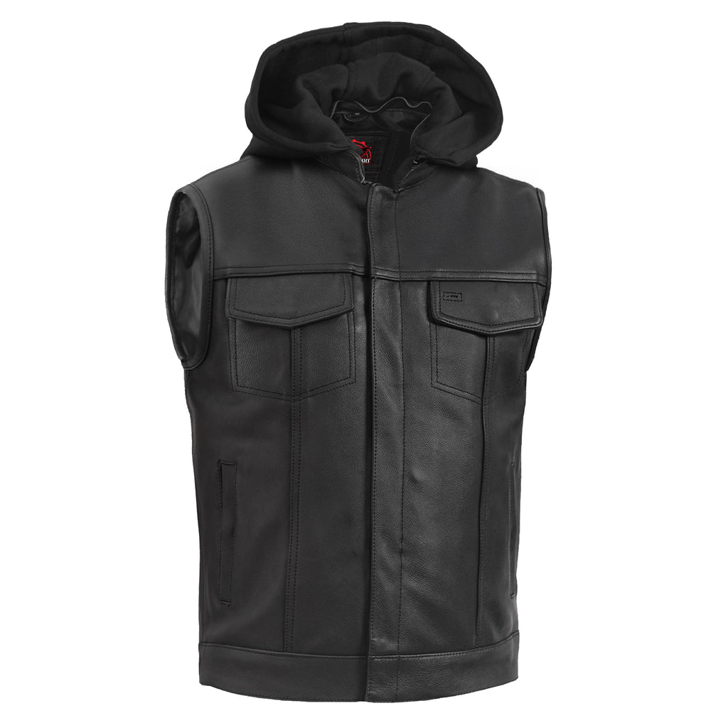 Premium Leather Motorcycle Vest – Removable Hood & Concealed Carry
