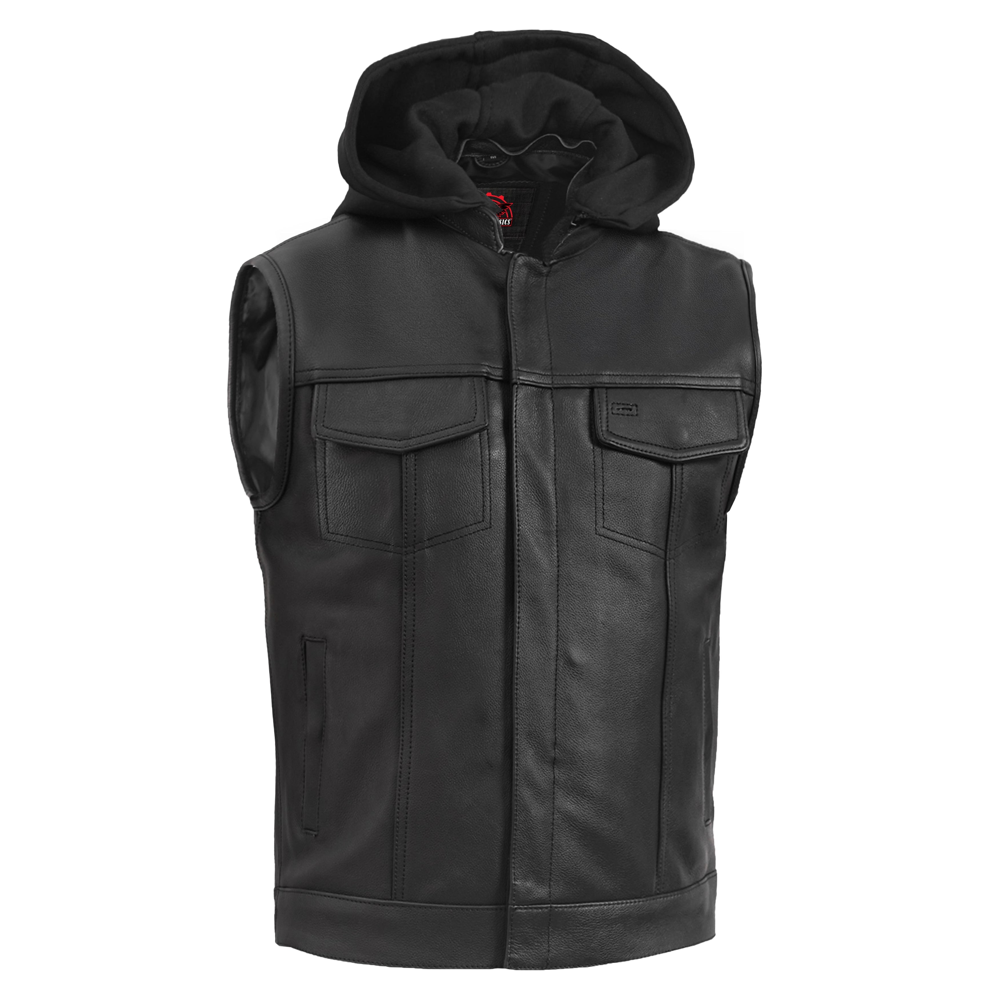 Premium Leather Motorcycle Vest – Removable Hood & Concealed Carry