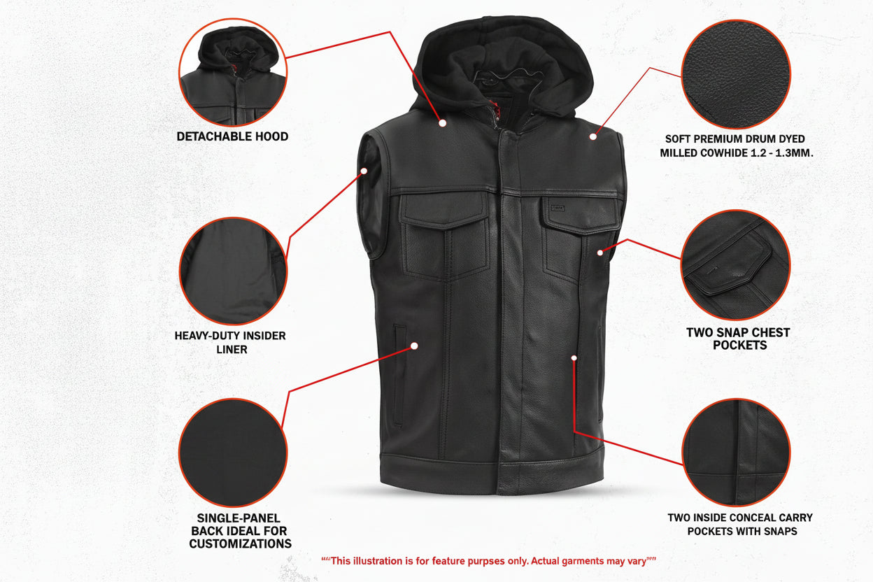 Premium Leather Motorcycle Vest – Removable Hood & Concealed Carry
