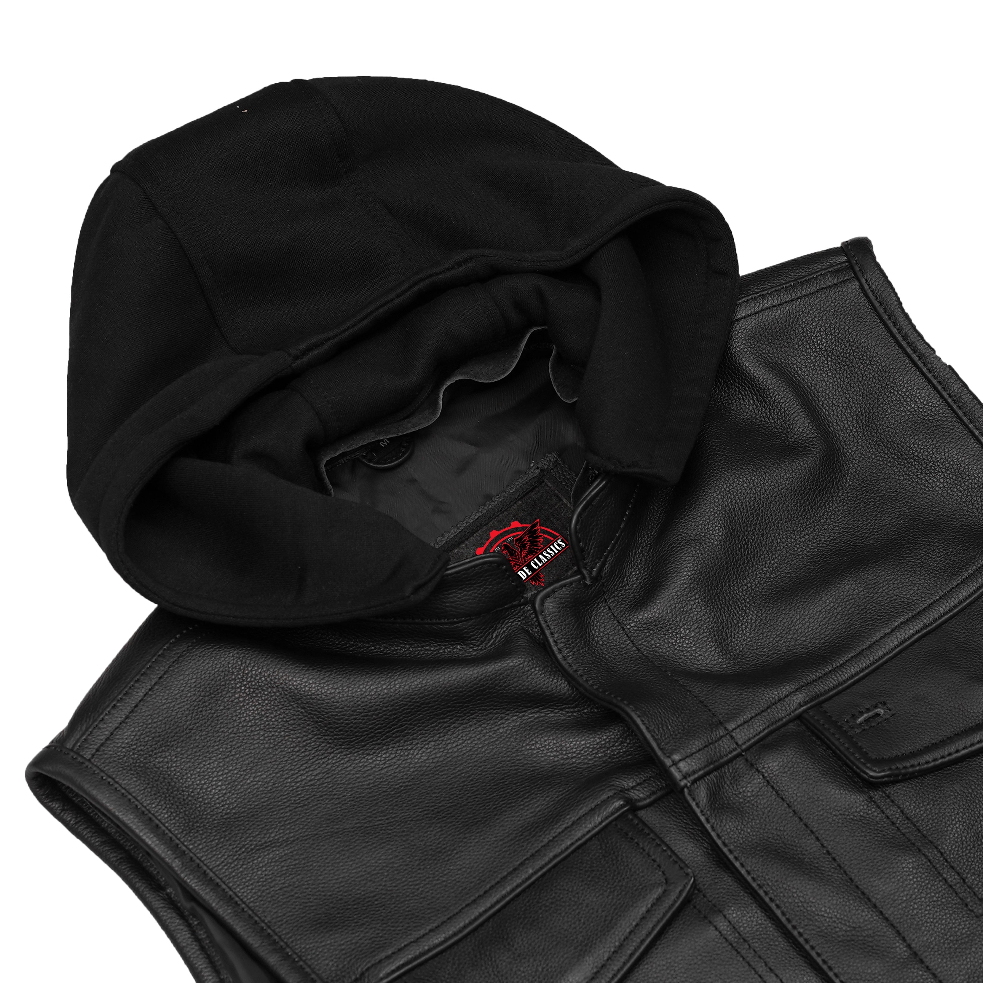 Premium Leather Motorcycle Vest – Removable Hood & Concealed Carry