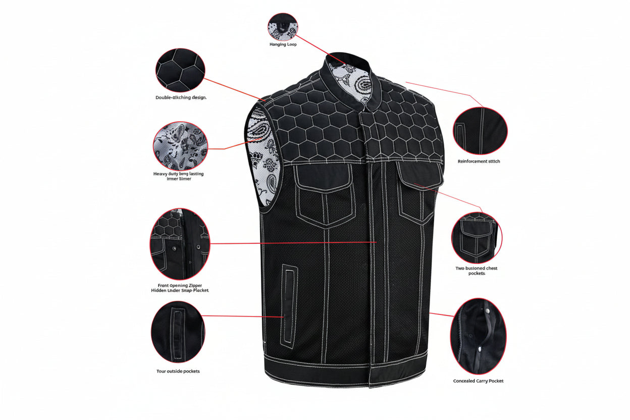 Dark Striker Men's Mesh Vest – Black with White Paisley Liner for Maximum Airflow