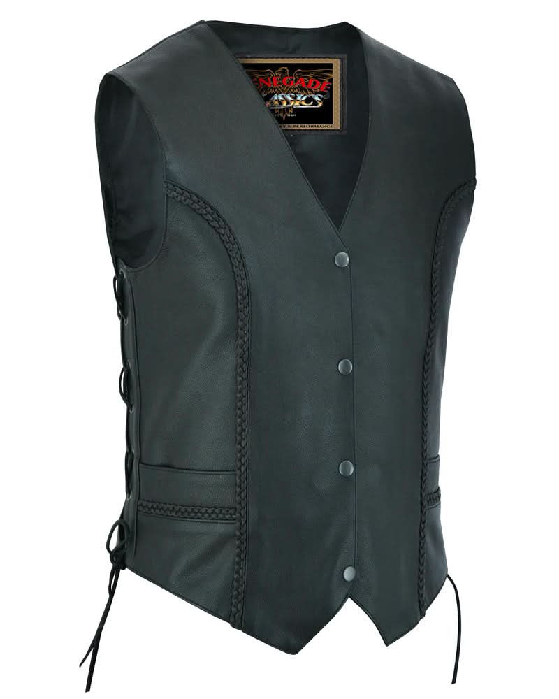 Women's Leather Motorcycle Vest – Braided Detailing & Concealed Carry