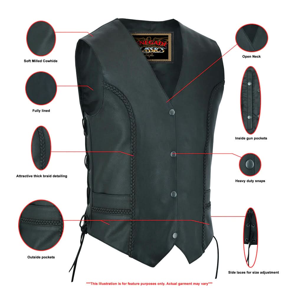 Women's Leather Motorcycle Vest – Braided Detailing & Concealed Carry