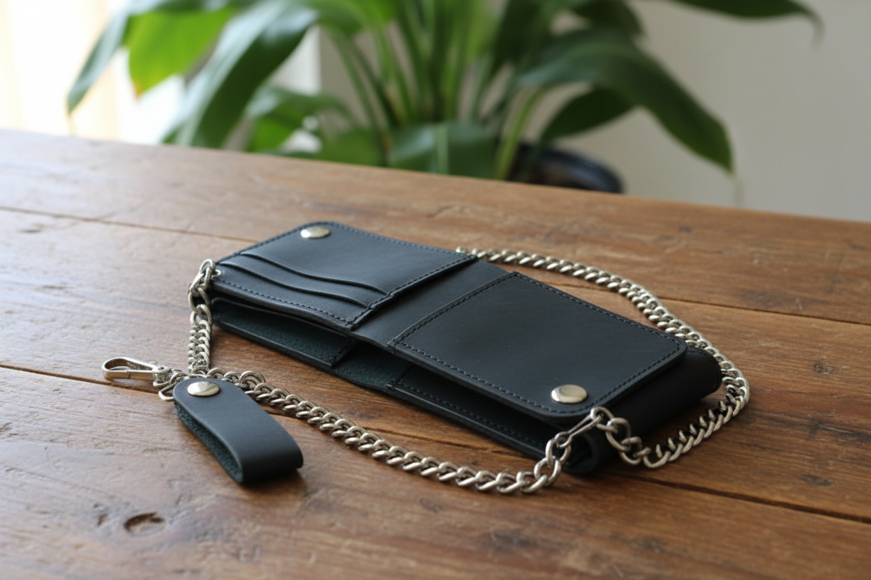 BWC238 Matte Black Biker Leather Wallet with Chain