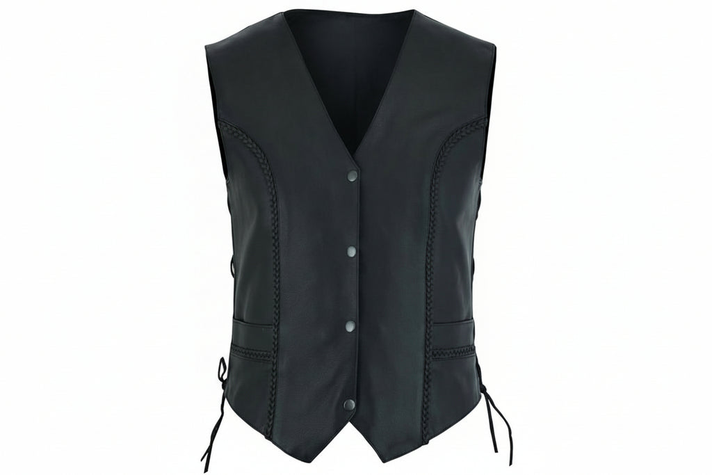 Women's Leather Motorcycle Vest – Braided Detailing & Concealed Carry