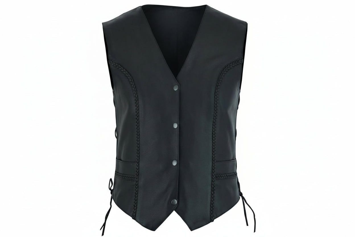 Women's Leather Motorcycle Vest – Braided Detailing & Concealed Carry